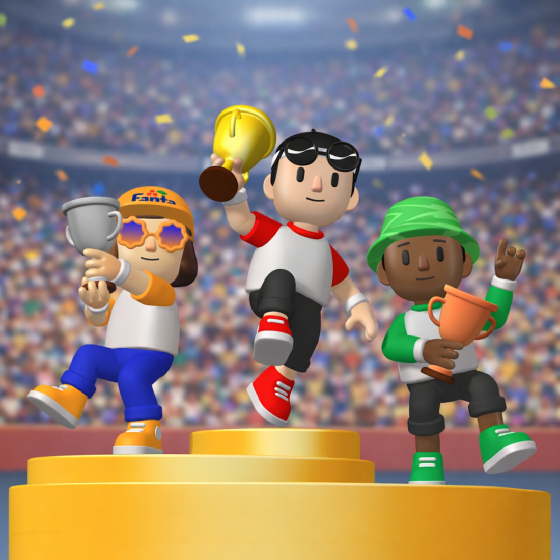 Trois personnages animés célèbrent leur victoire avec des trophées sur un podium de vainqueurs dans un stade.