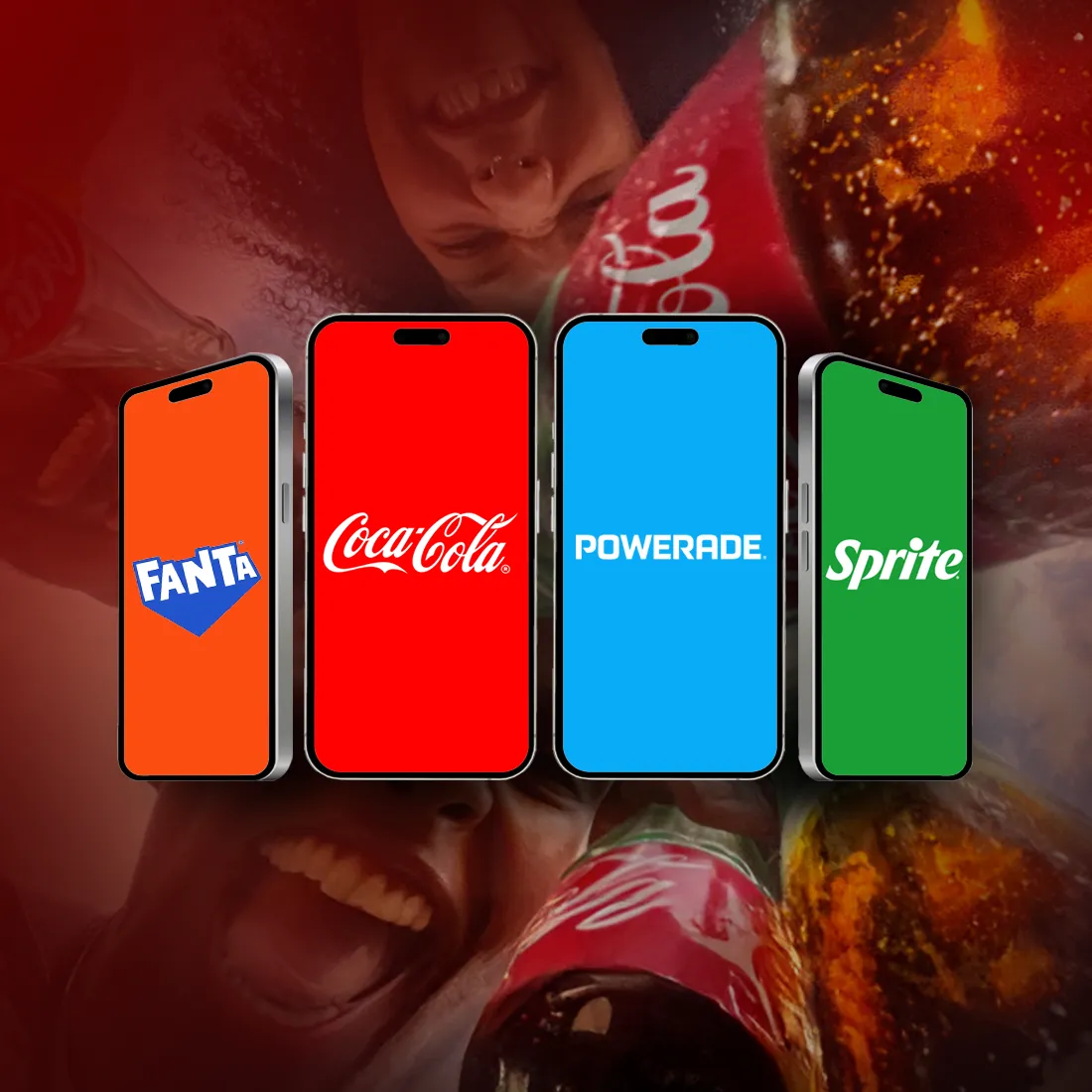 Fyra mobiler med Fanta, Coca-Cola, Powerade och Sprites logotyper på skärmarna