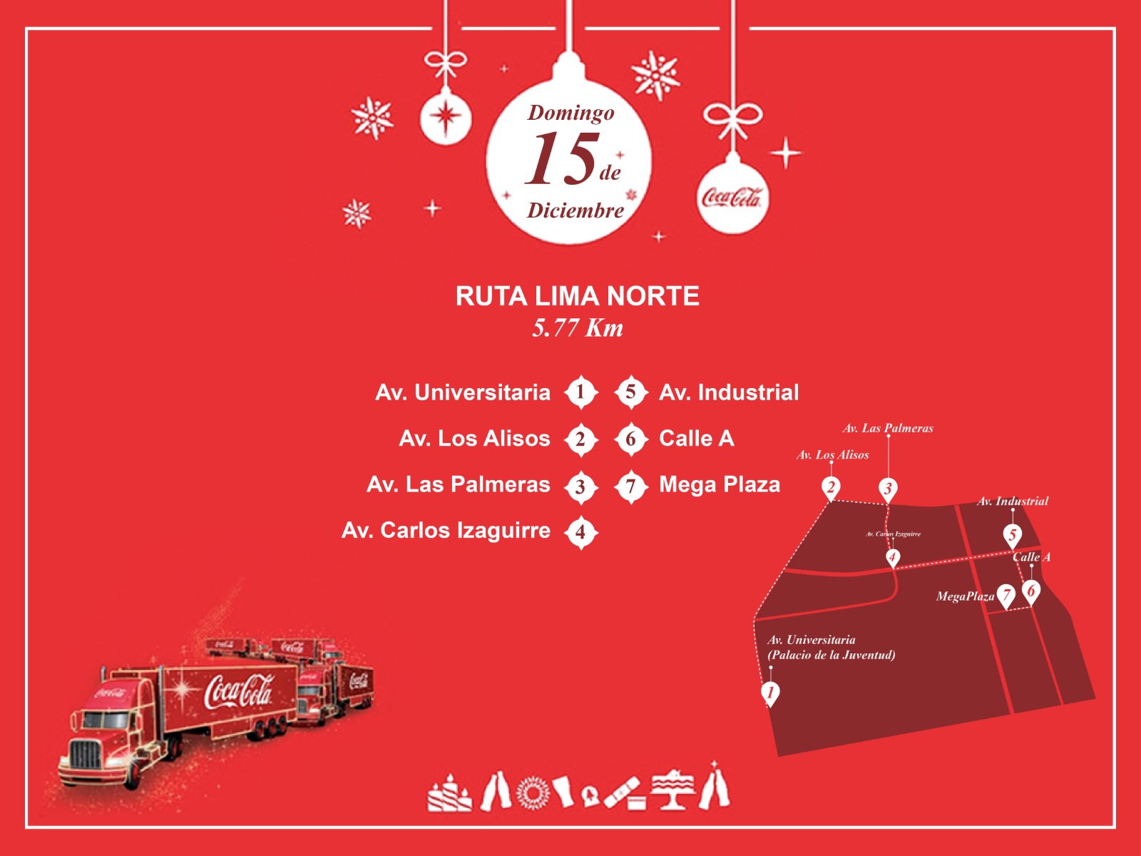 Mapa de la ruta de la caravana navideña de Coca-Cola en Lima Norte, el domingo 15 de diciembre. Se muestran las calles y puntos de referencia.