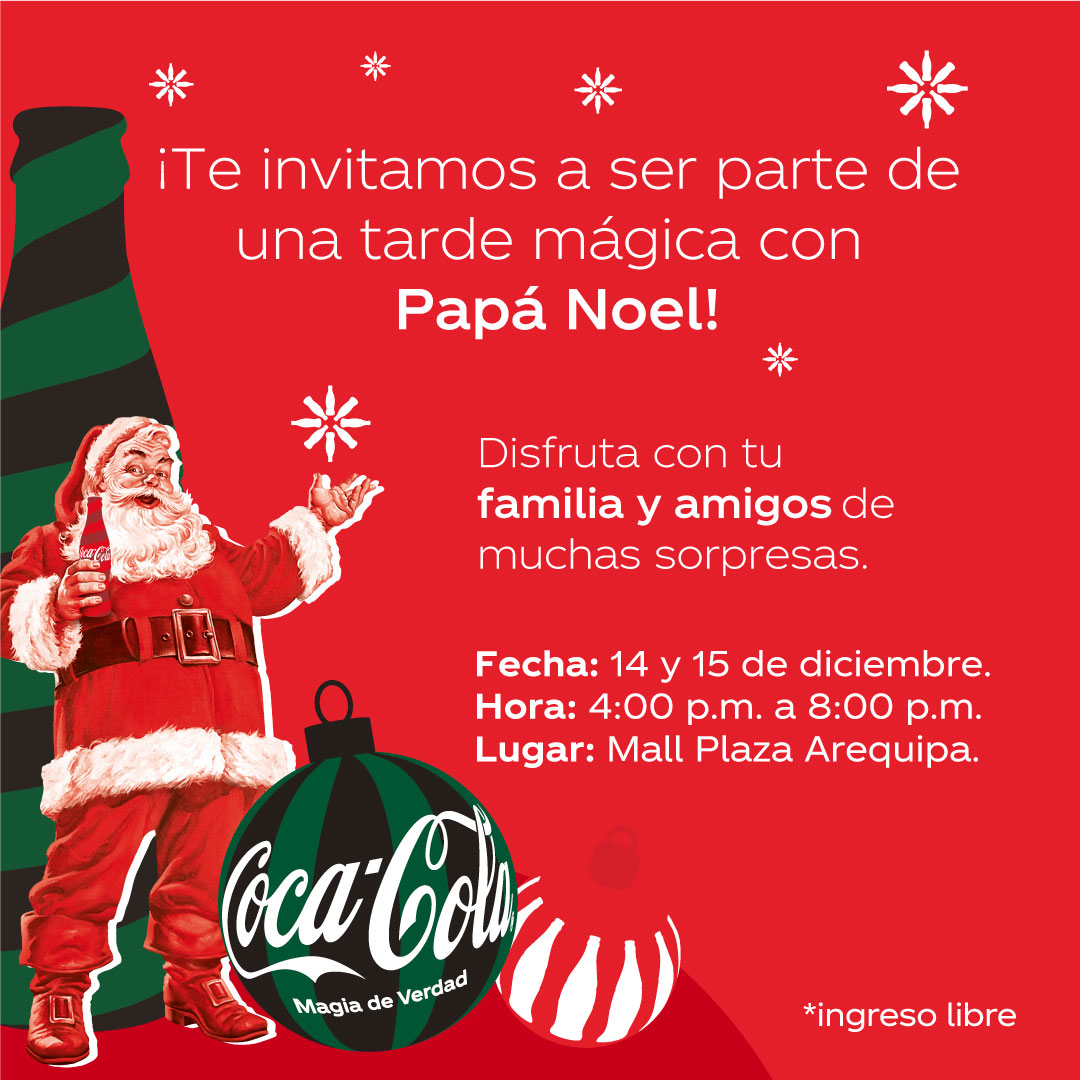 Papá Noel con una Coca-Cola te invita a una tarde mágica en Mall Plaza Arequipa. Disfruta de sorpresas con tu familia los días 14 y 15 de diciembre, de 4 a 8 pm. Entrada libre.