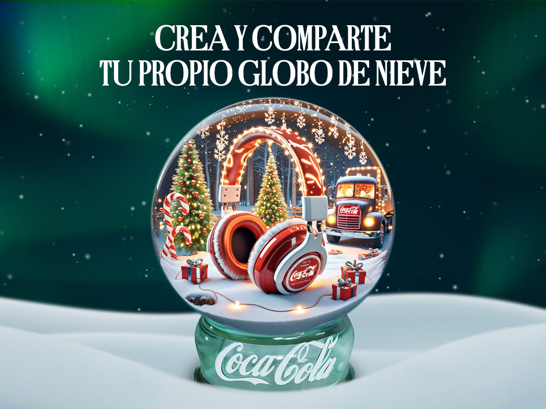 Bola de nieve de Coca-Cola con auriculares, camión, árbol de Navidad y regalos. El texto invita a crear y compartir tu propio globo.