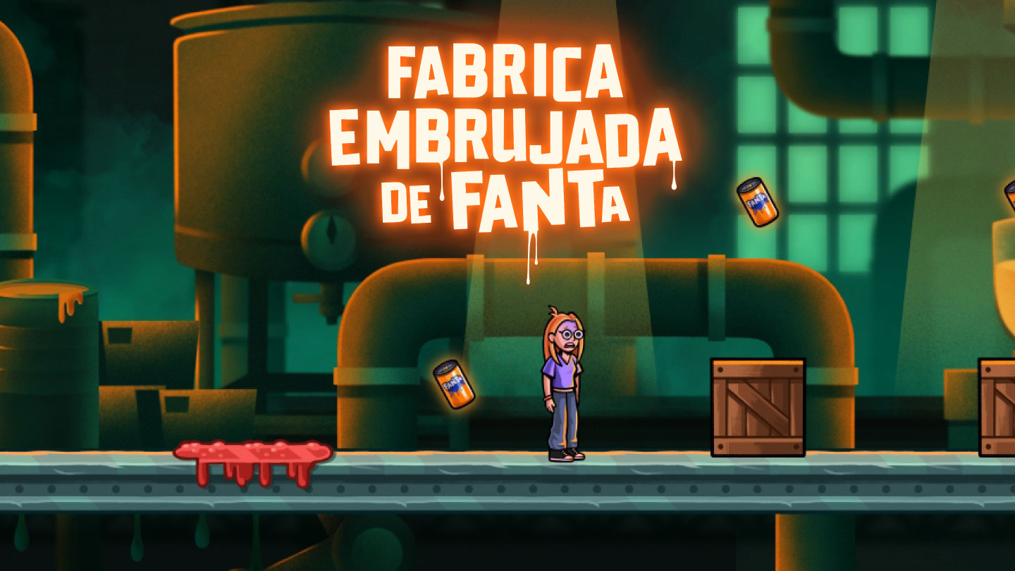 Fondo naranja, manos alzadas. Logo Fanta azul goteando. Deseo intenso, toque misterioso.