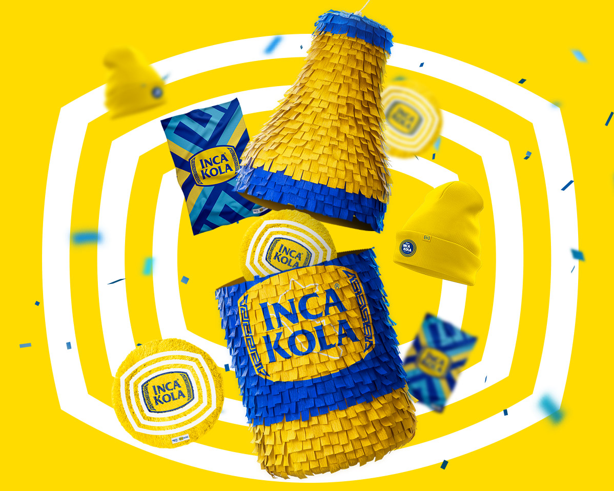 Dos postales de Inca Kola generadas por IA, una de un joven ambientada en 1960 y otra ambientada en 2010 sobre un fondo amarillo con el logo de Inca Kola 90 años
