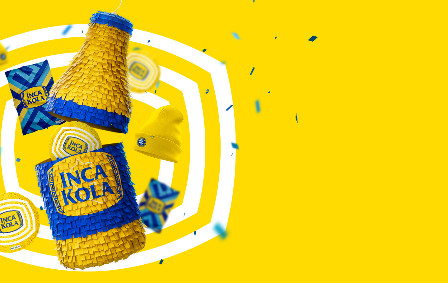 Botella de Inca Kola hecha piñata con premios que salen de ella. Fondo amarillo