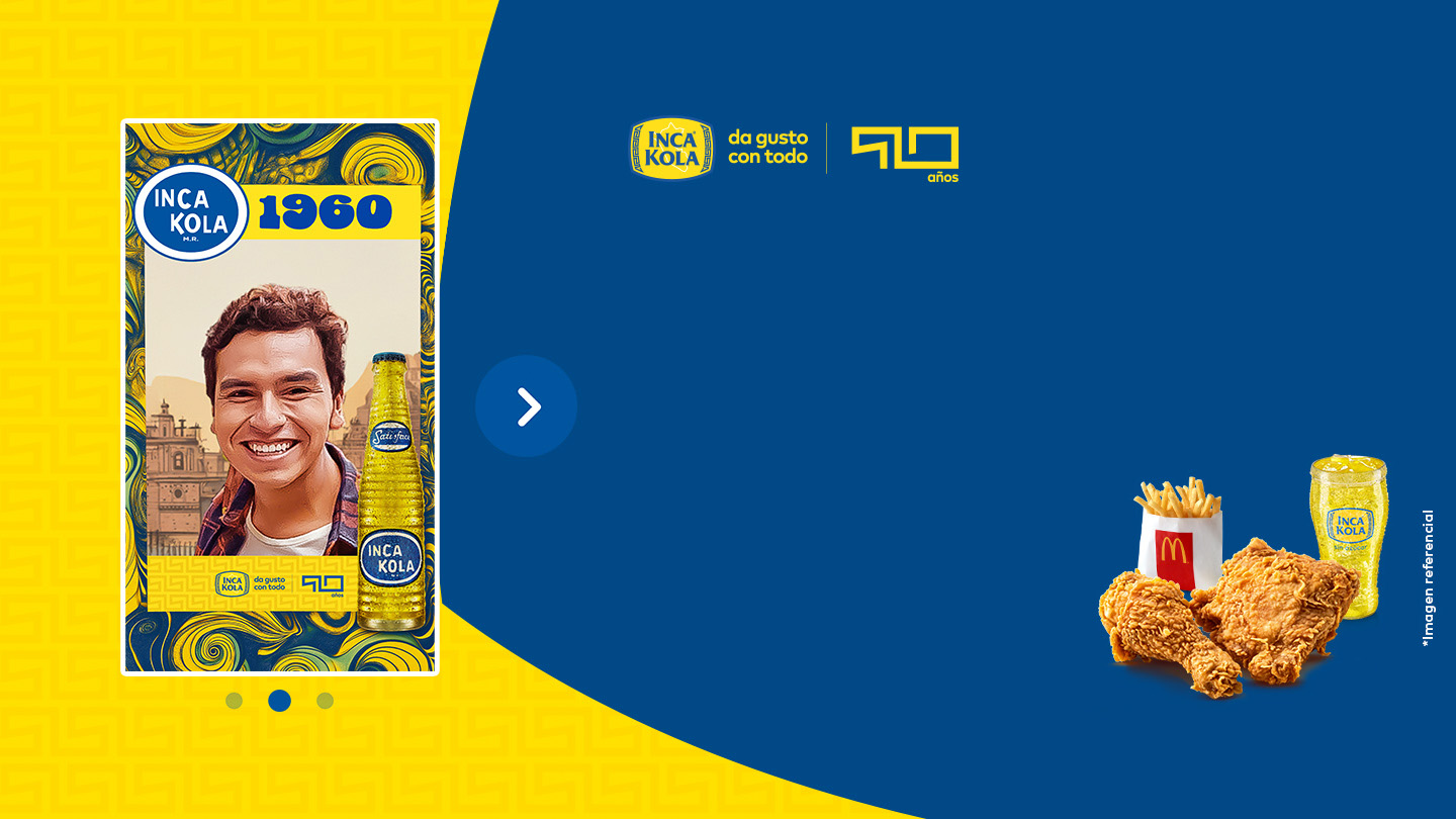 Postal de Inca Kola de un joven ambientada en 1960 sobre un fondo azul y amarillo junto al premio de McDonald's y el logo de Inca Kola