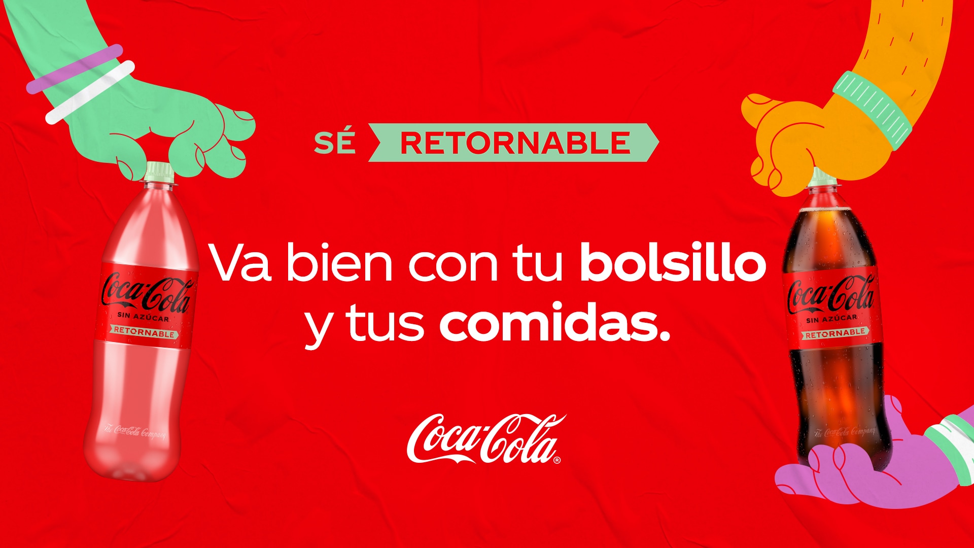 Imagen promocional de Coca-Cola destacando botellas retornables con el eslogan "Sé retornable".