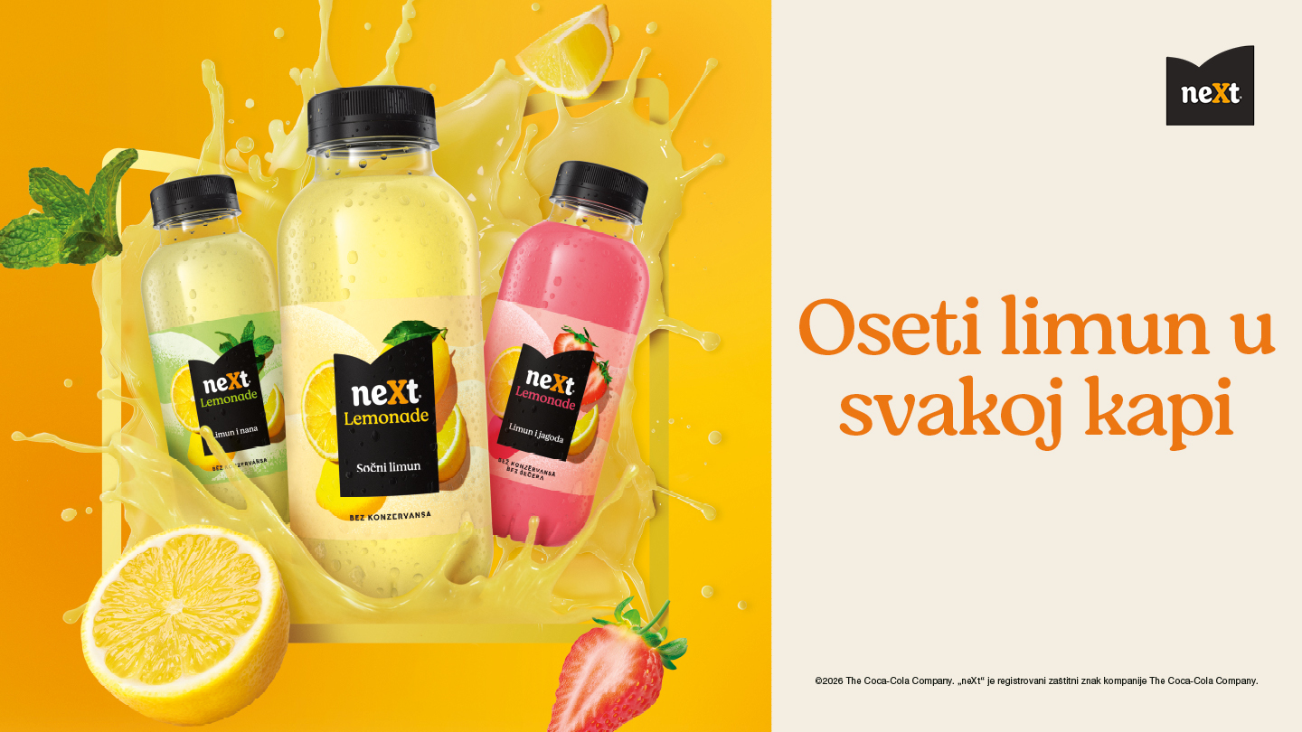 Promotivna slika Next limunade sa sloganom „Ukus limuna koji pokreće“ uz četiri boce različitih ukusa limunade na pozadini kriške limuna