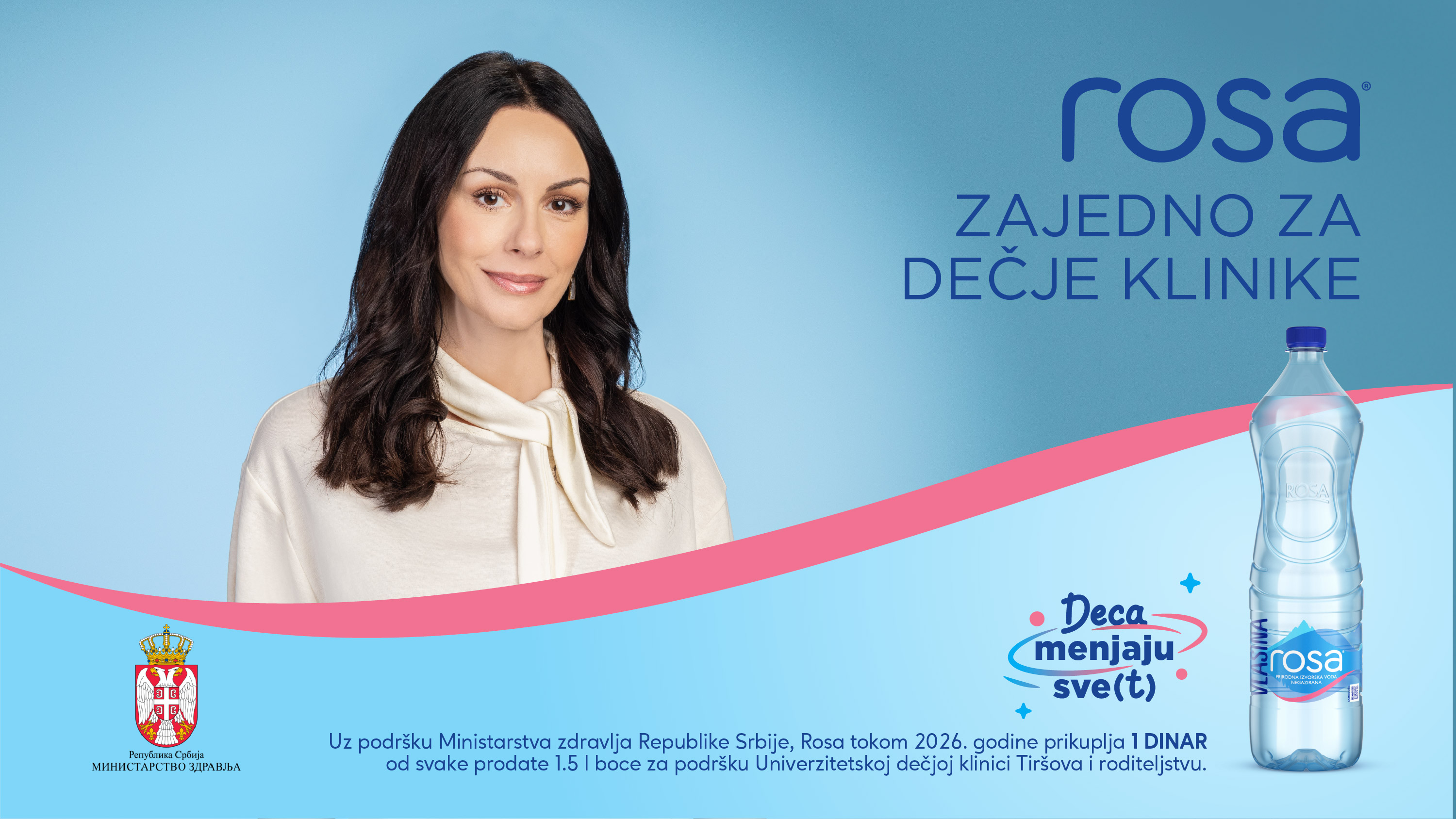 Promotivni baner za vodu Rosa, sa porukom „Rosa – zajedno za decije klinike“ i prikazanom flašom Rosa vode.