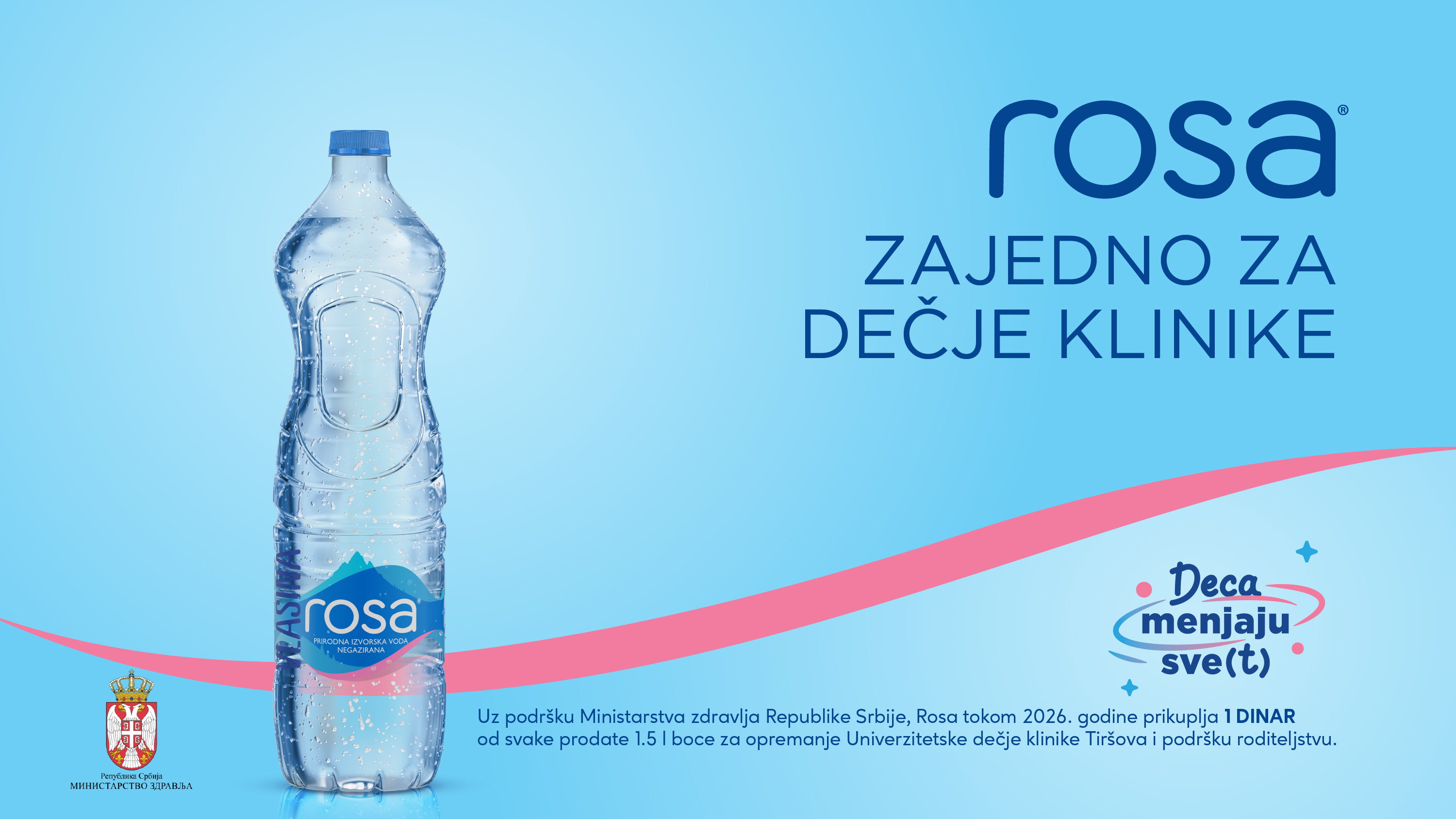Reklama za vodu Rosa s porukom „Zajedno za dječje klinike“ i prikazom boce na plavoj pozadini