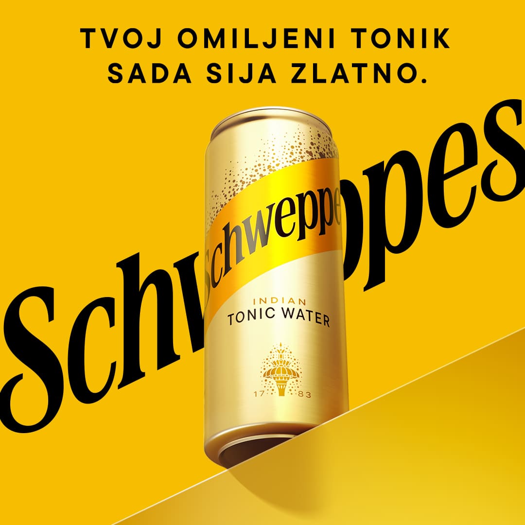 Zlatna limenka Schweppes Indian Tonic Water prikazana je na žutoj pozadini uz tekst "Tvoj omiljeni tonik sada sija zlatno."