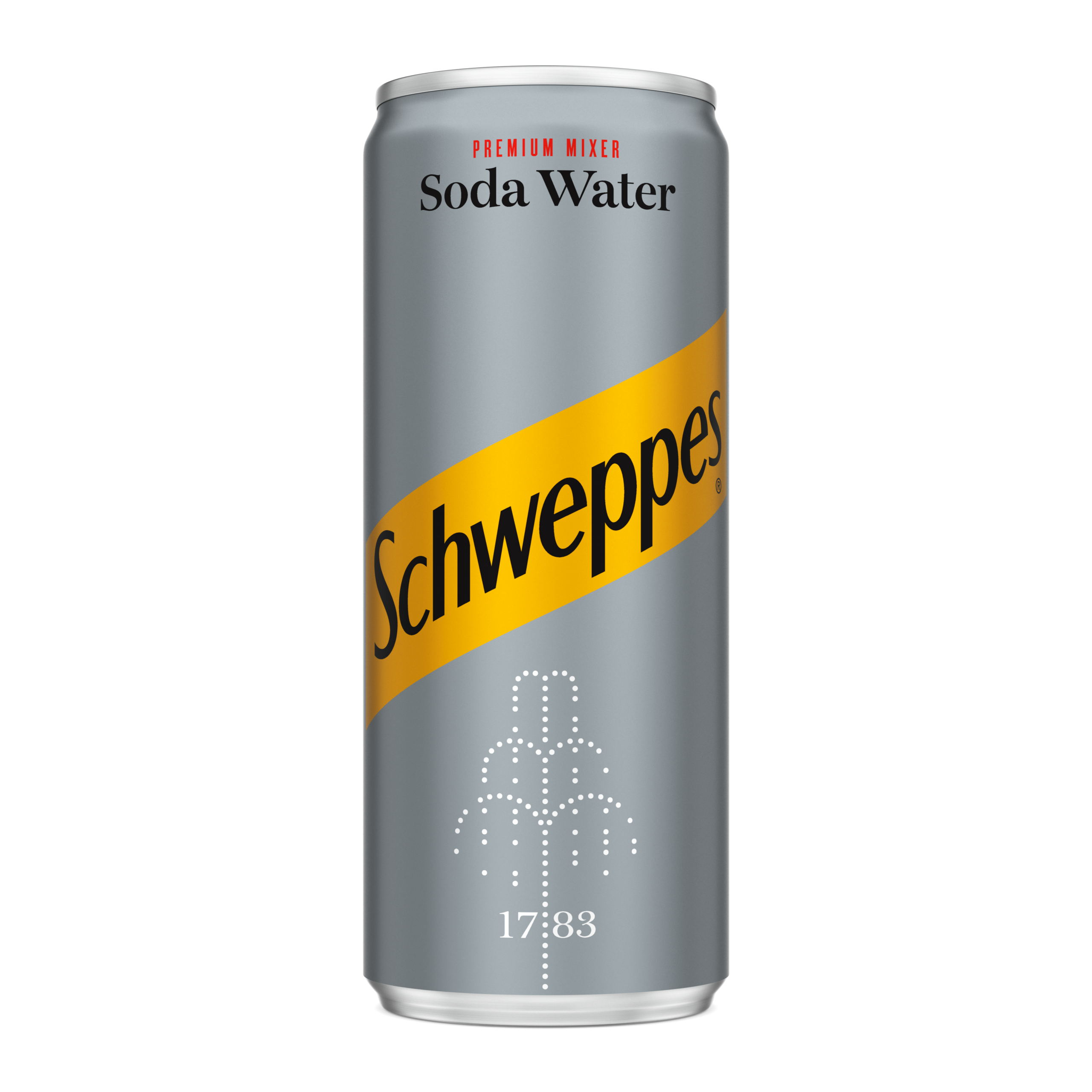 Schweppes Soda Water can on white background
