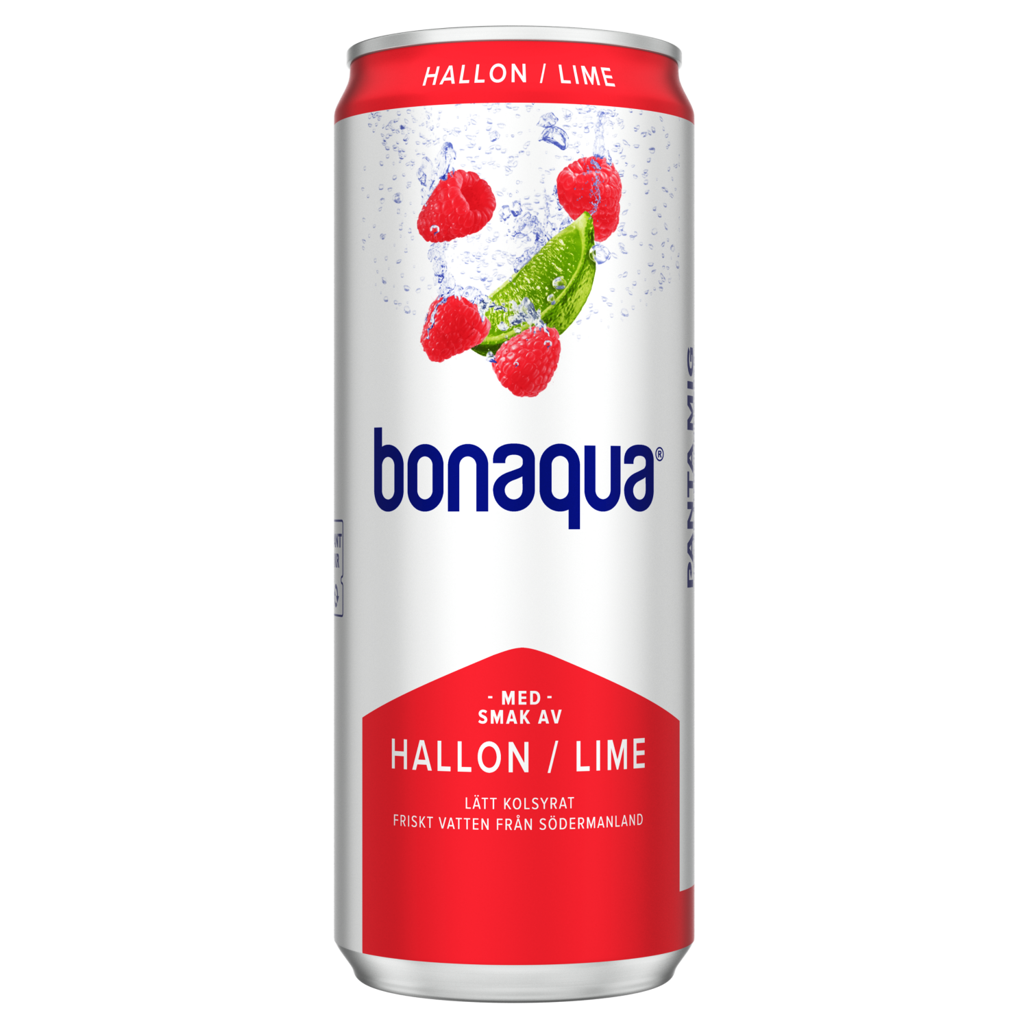 En röd och vit läskburk med Bonaqua Hallon Lime - En kolsyrad dryck gjord med vatten från Södermanland.