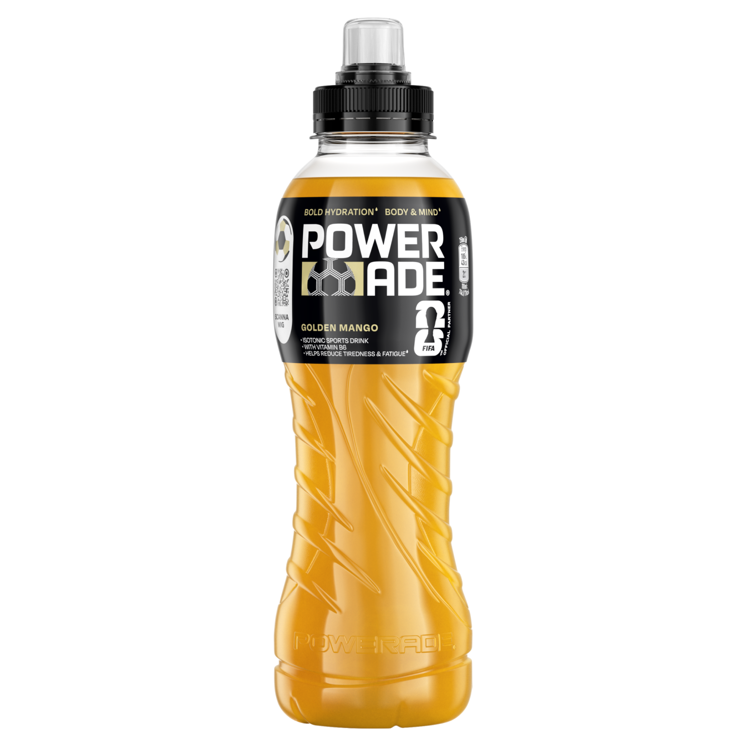 En flaska med sportdrycken POWERADE Golden Mango