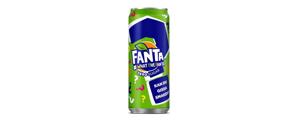 En limegrön och blå läskburk med den nya smaken #What the Fanta