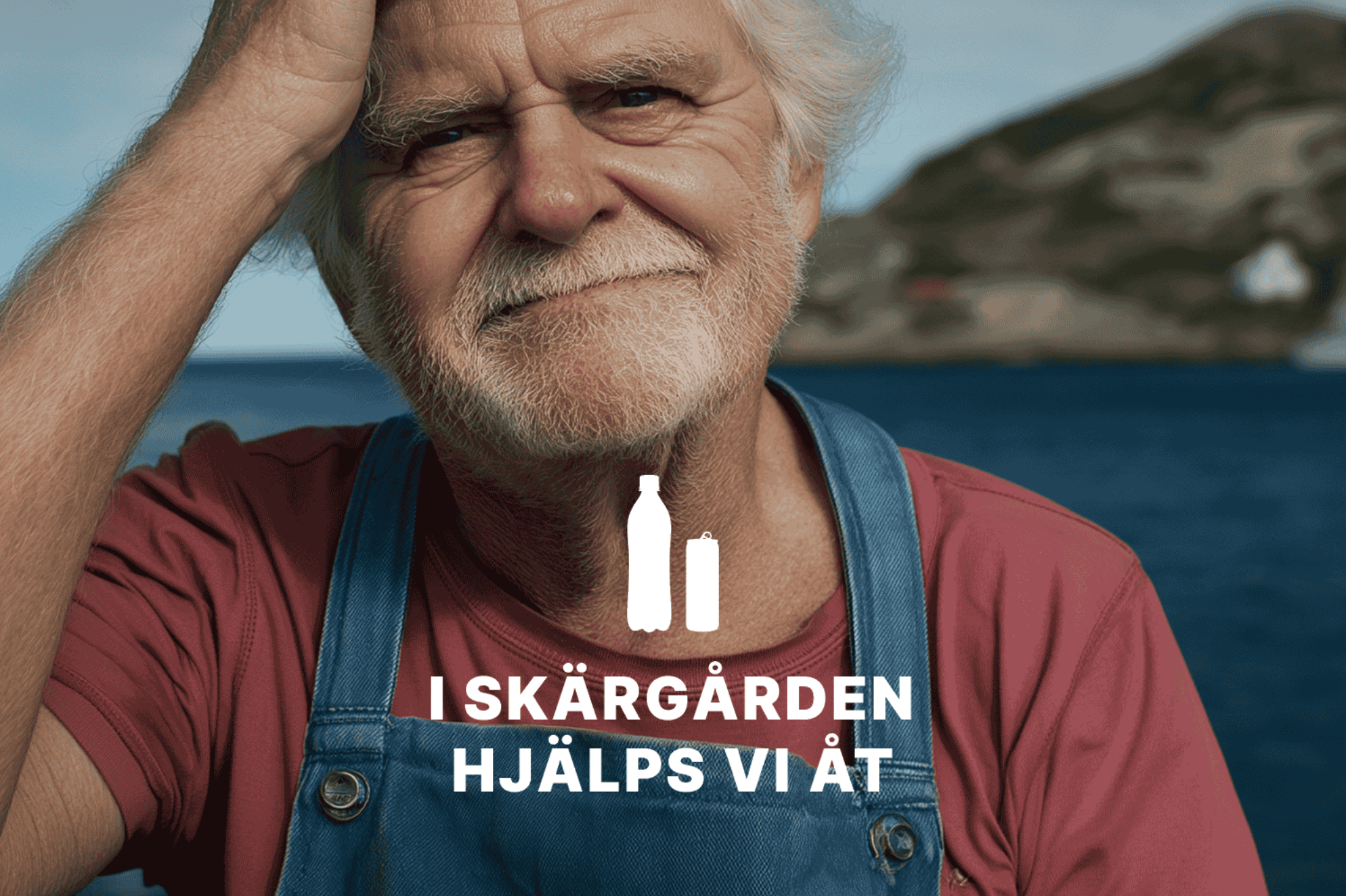 Person i röd tröja och jeanshängselbyxor vid havet med texten “I skärgården hjälps vi åt” och flaskikoner.