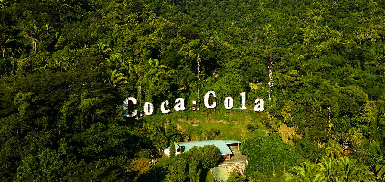 Aerial view of a Coca-Cola sign in a forest