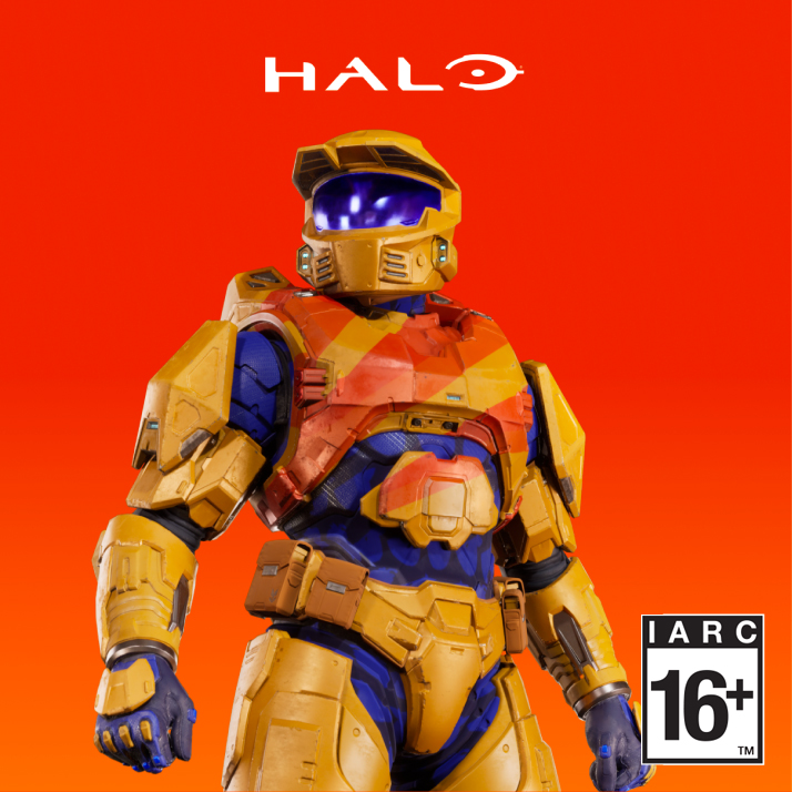 Master Chief wearing a Fanta orange suit of armor under a Halo logo against an orange background.