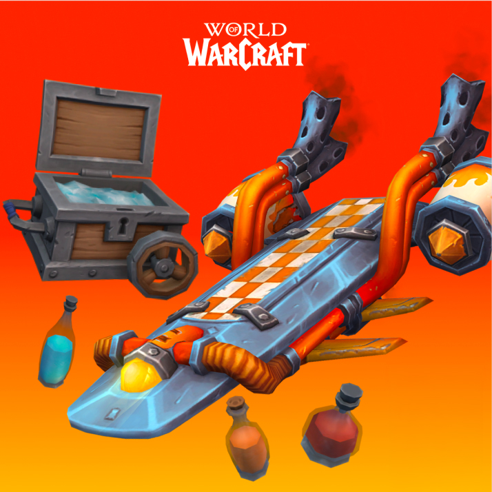 The Fantastical Goblin Waveshredder skateboard attachment, a Dyeable Bottle, and a Sturdy Portable Ice Chest against an orange background and under a World of Warcraft logo.