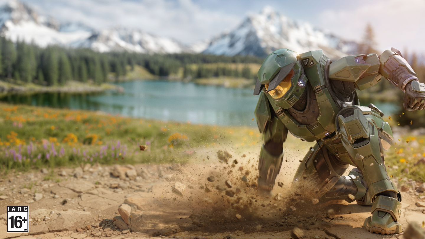 A Halo character stealthily infiltrates a base at dusk. 