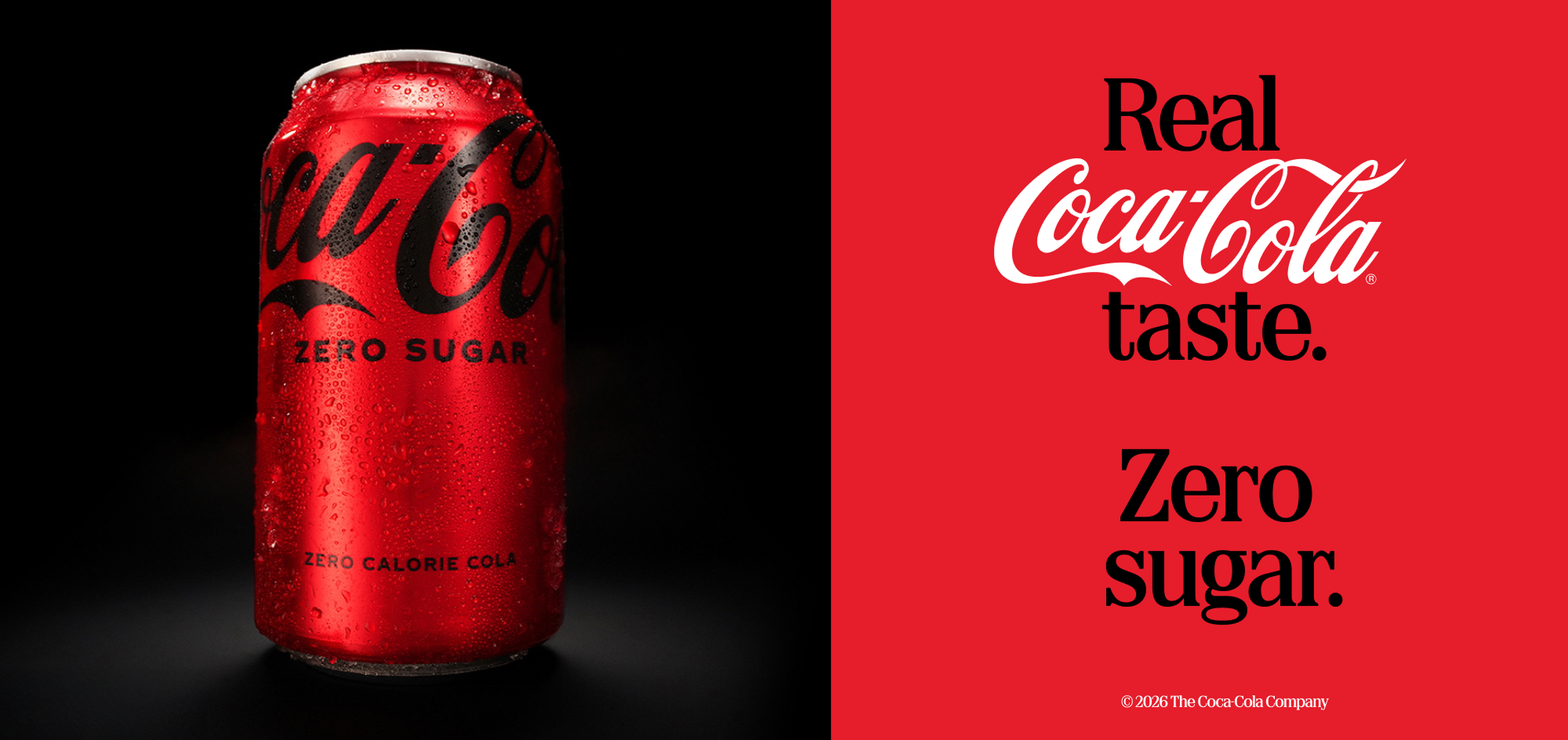 Detail of a Coca-Cola Zero Sugar can on black background with the phrase "Best Coke Ever? #TakeATaste"