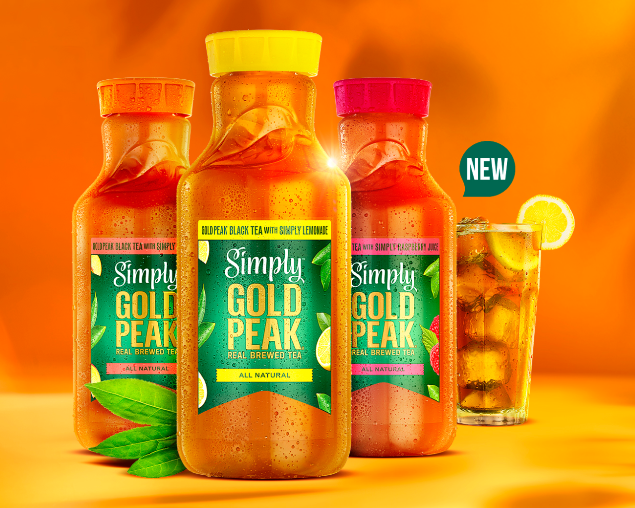 Three bottles of new Simply Gold Peak beverages with a filled, chilled glass