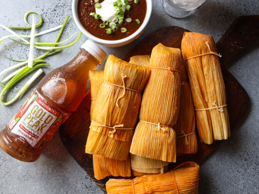 Hot Tamale plate with a bottle of Gold Peak Unsweetened Tea