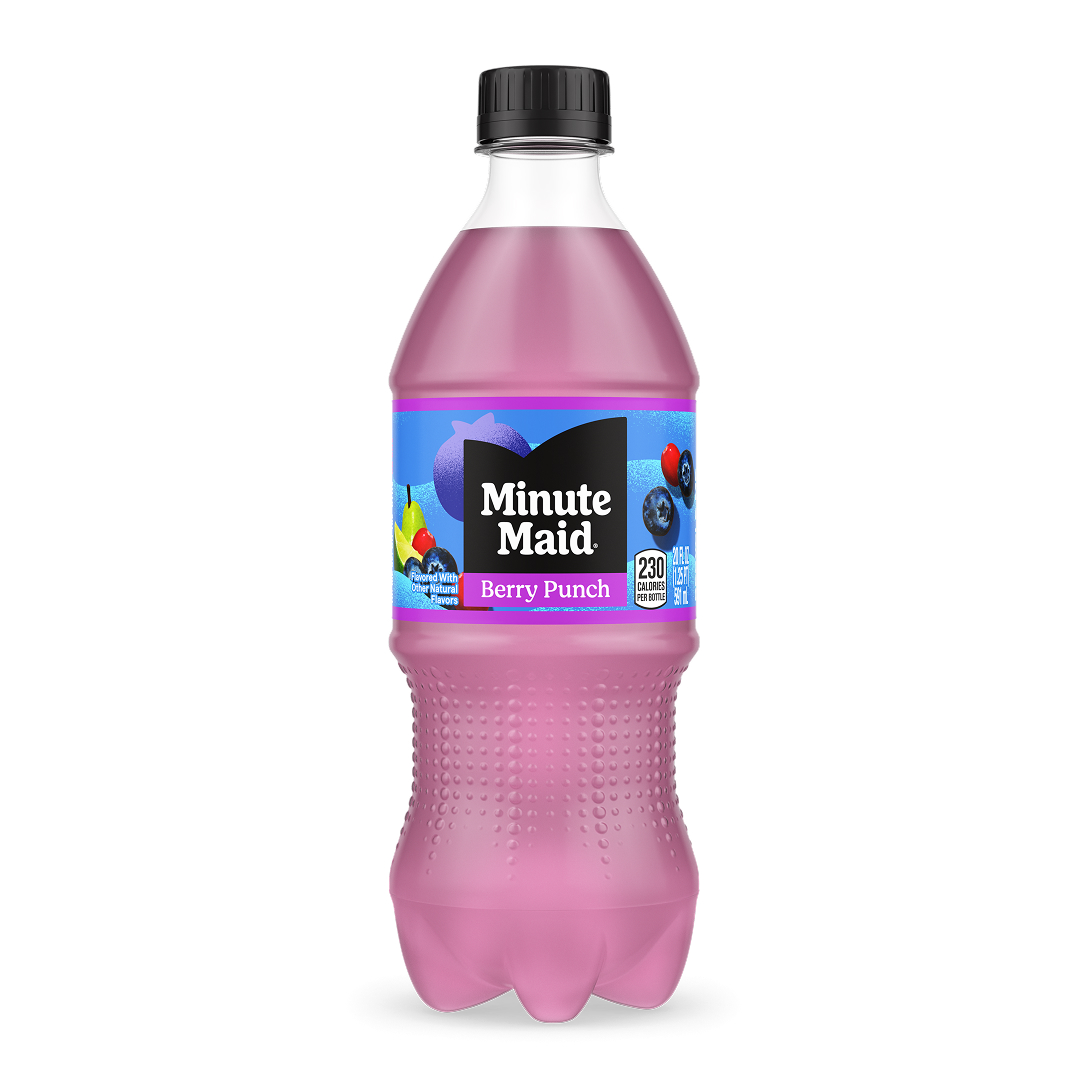 Minute Maid Berry Punch 20 fl oz bottle with a purple liquid and blue label featuring blueberries, 230 calories per bottle.