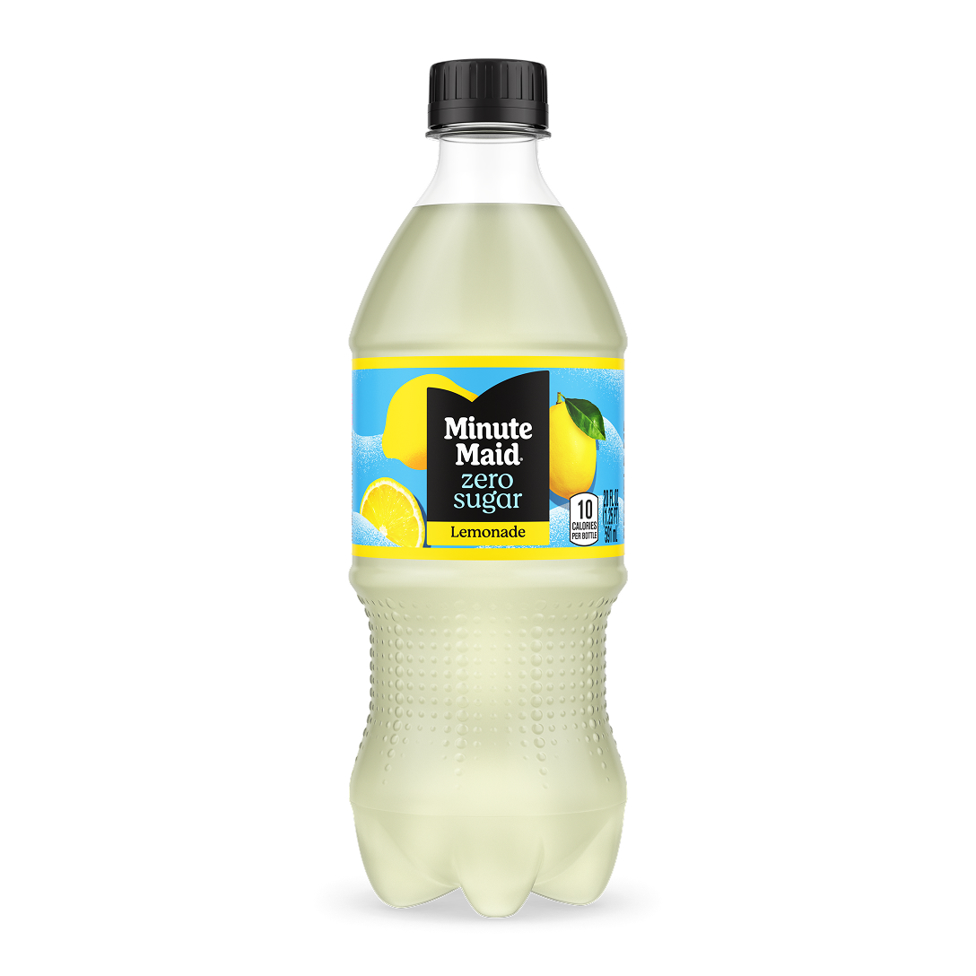 Minute Maid Zero Sugar Lemonade 20 fl oz bottle with a clear pale liquid and blue and yellow label featuring lemons, 10 calories per bottle.