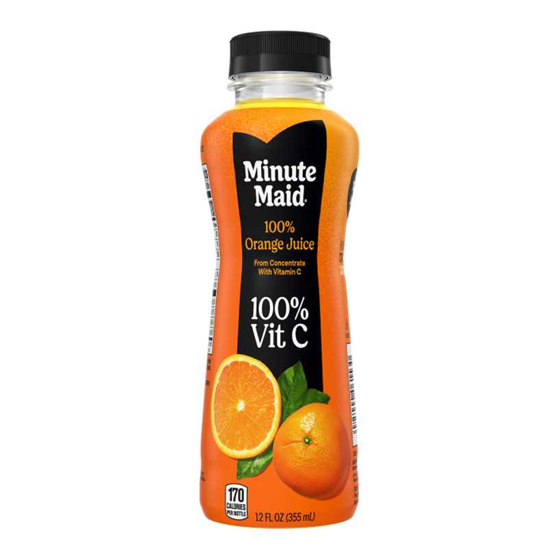 A 12 fl oz bottle of Minute Maid 100% Orange Juice with an orange label showing a whole orange and an orange half. Text reads "From Concentrate With Vitamin C," "100% Vit C," and "170 Calories Per Bottle."