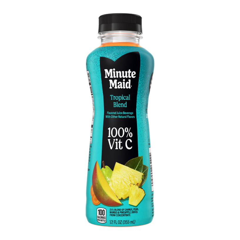 A 12 fl oz bottle of Minute Maid Tropical Blend, a teal-labeled flavored juice beverage, with mango and pineapple slices pictured on the label. Text reads "Flavored Juice Beverage With Other Natural Flavors," "100% Vit C," and "100 Calories Per Bottle."