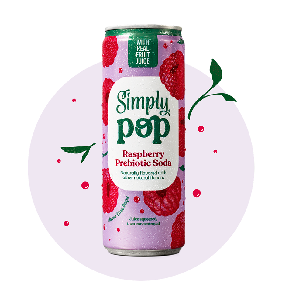 a can of simply pop raspberry soda prebiotic soda on a purple background