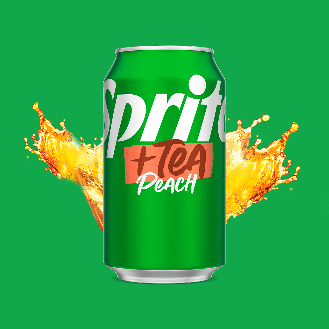 A can of Sprite + Tea Peach flavour with a dynamic splash of liquid behind it on a green background.