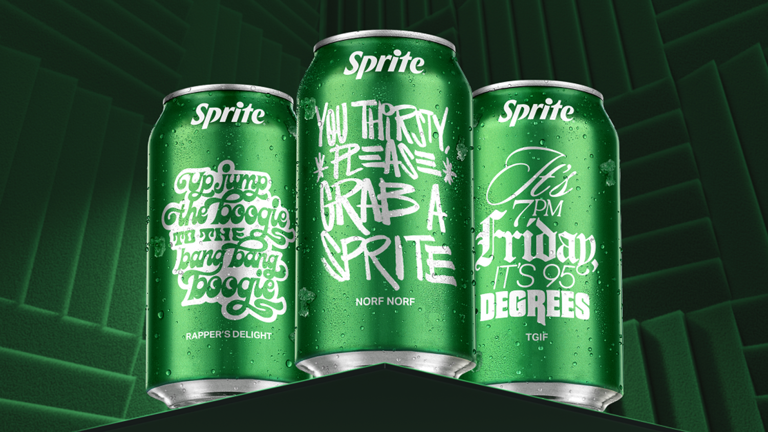 Three cold, special edition Sprite cans from the Sprite Living Tracklist campaign displaying famous hip-hop lyrics.