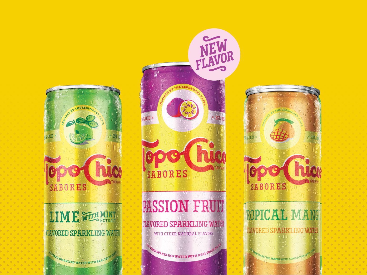 Three cans of Topo Chico Lime, Passion Fruit, Tropical Mango all on a yellow background with a new flavor tag above Passion Fruit