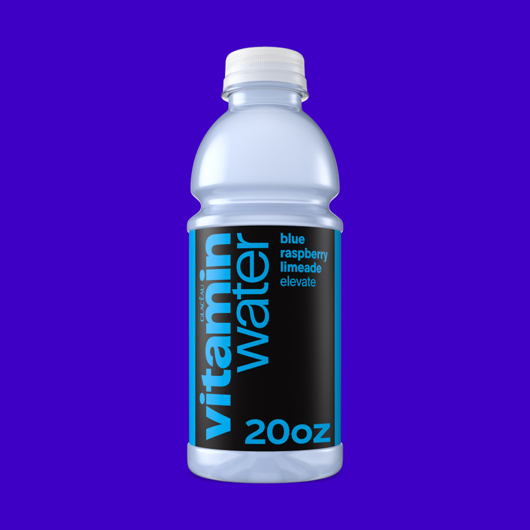 vitaminwater elevate blue raspberry limeade flavored water beverage on a dark blue background