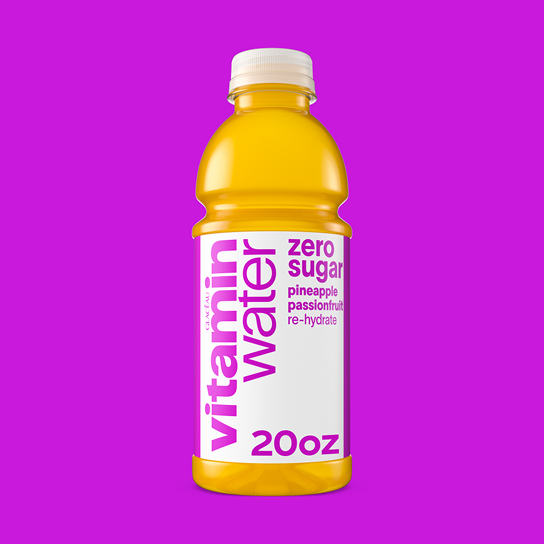 vitaminwater rehydrate zero sugar pineapple passionfruit flavored water beverage on a purple background