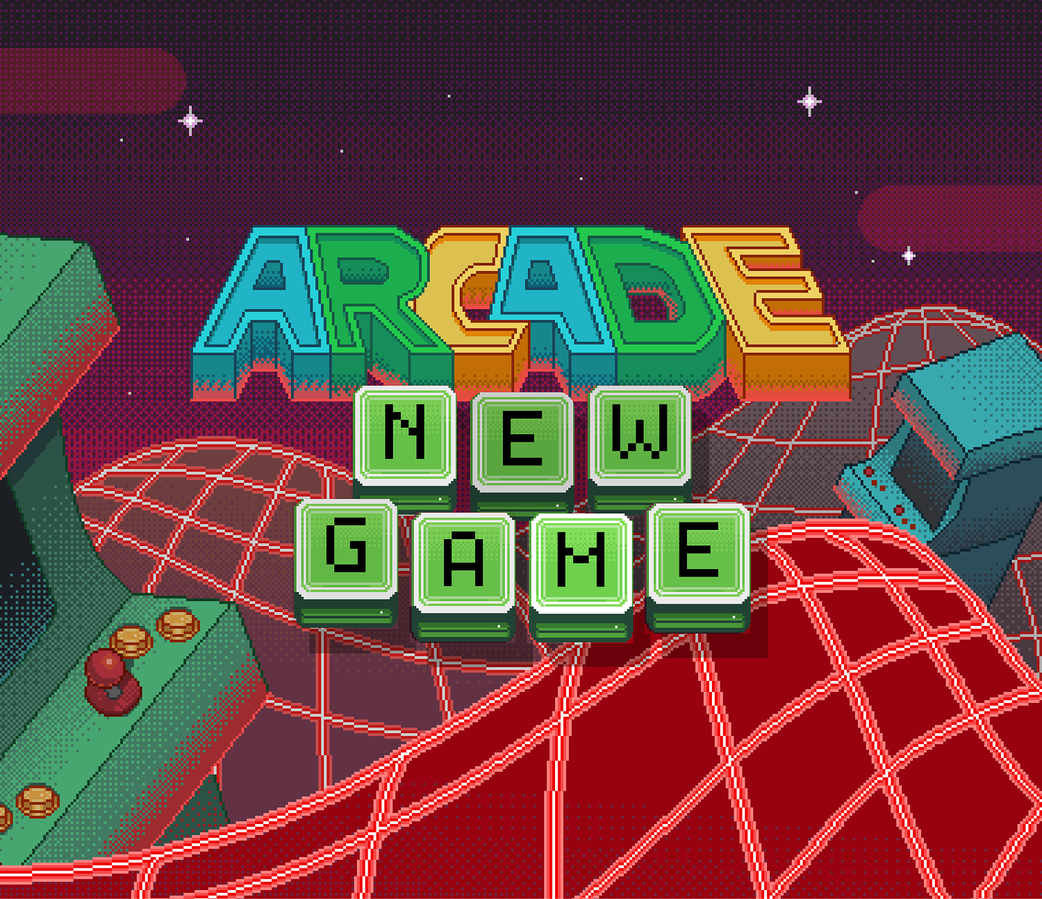 Retro arcade hero graphic with neon grid landscape, ARCADE NEW GAME title and classic game cabinets