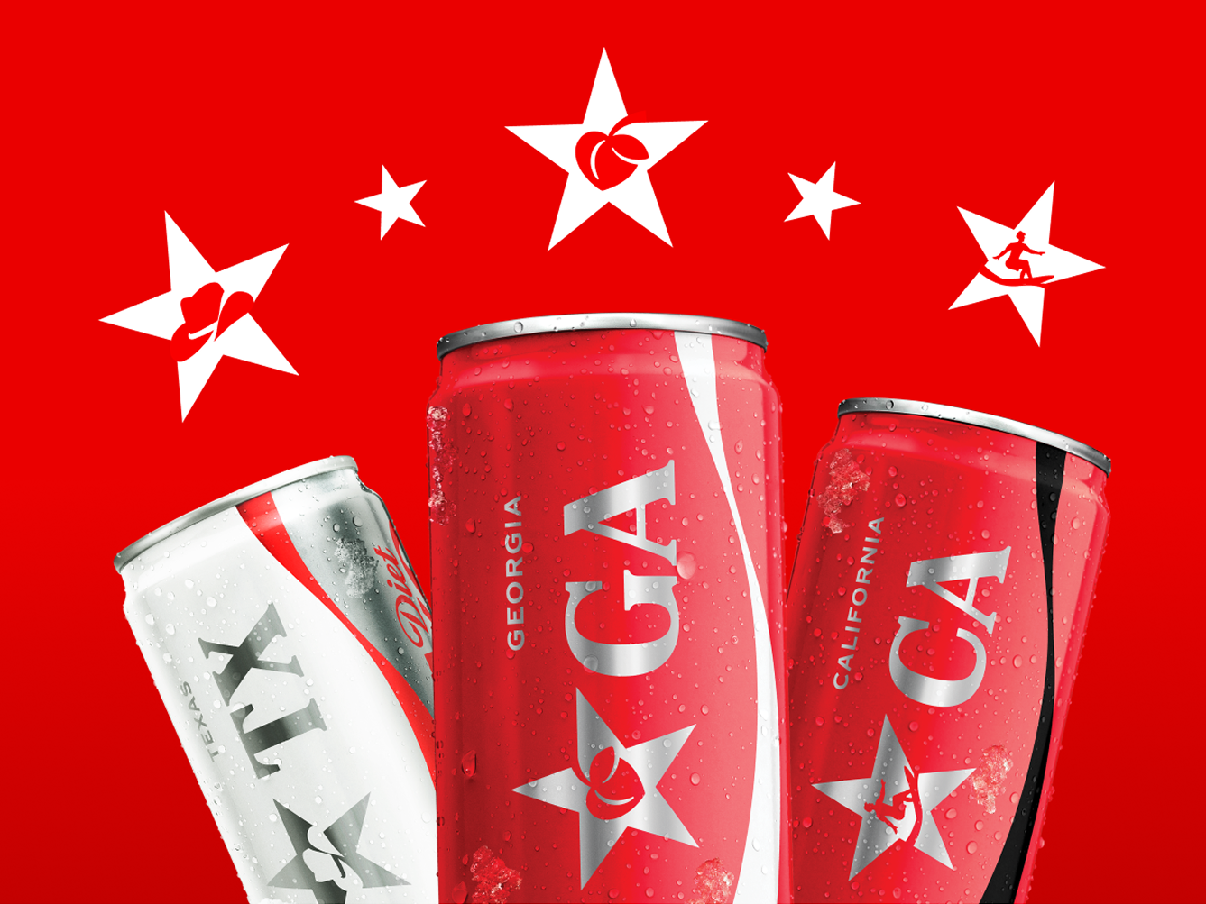 Coca-Cola cans representing Texas, Georgia, and California under themed stars for the Collect the Country promo.