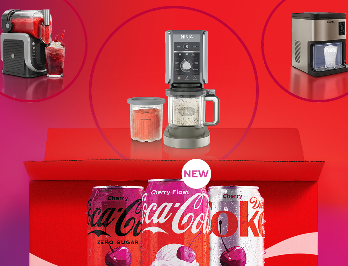 Coca‑Cola Cherry, Cherry Float and Diet Coke Cherry cans in red box with Ninja appliance and cherry frozen drink makers above.