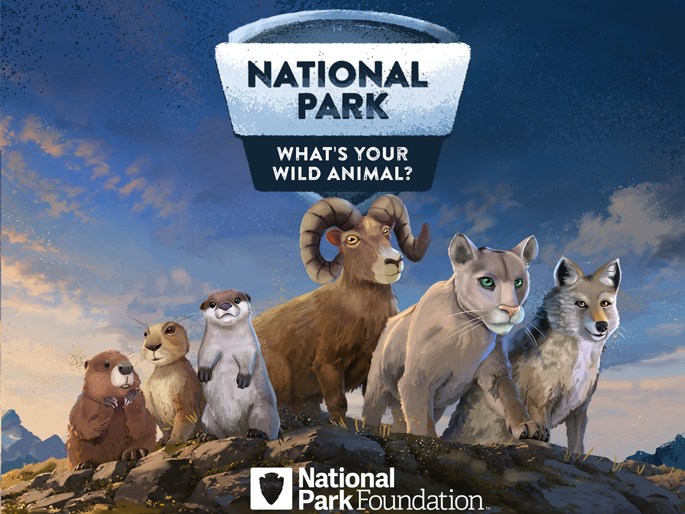 Wild animals stand on a rocky hill beneath a What's Your Wild Animal sign for the National Parks Week sweepstakes.