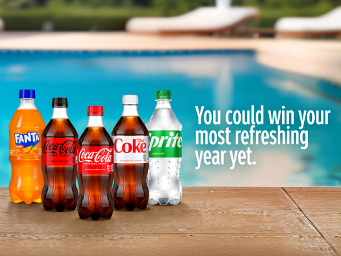 Promotional tile featuring Fanta, Coca-Cola, Diet Coke, and Sprite bottles by a pool for a refreshing sweepstakes.