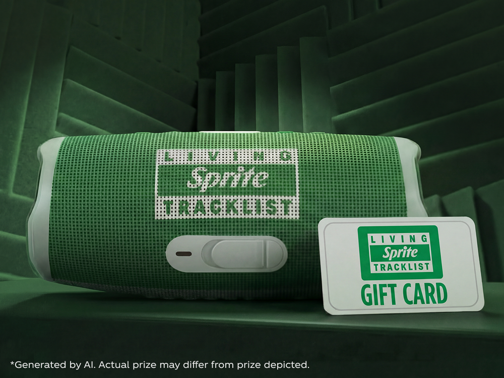A green portable speaker and a gift card for the Living Sprite Tracklist promotion, set against a green acoustic foam background.