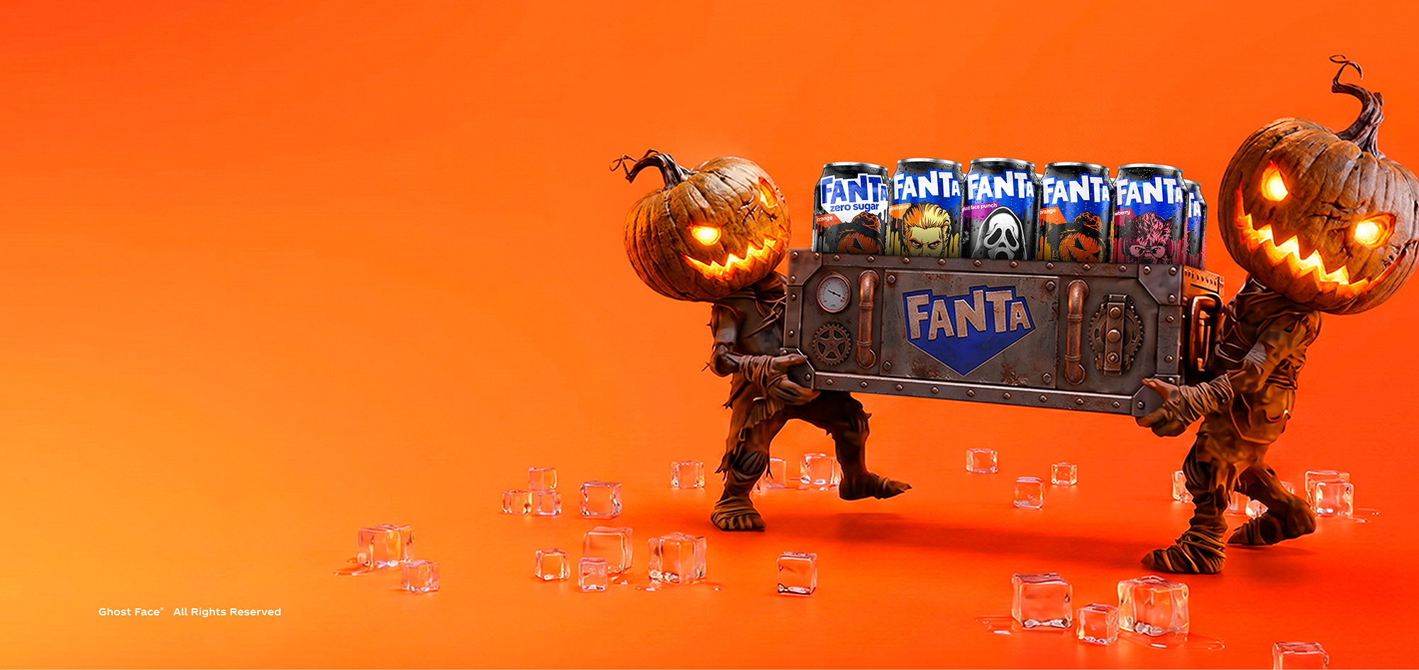 Two spooky pumpkin-headed characters carrying a crate of Fanta Halloween cans over ice on an orange background.