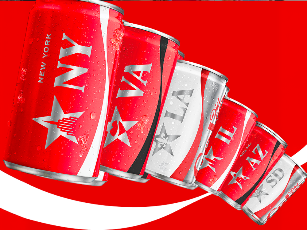 A lineup of Coca-Cola and Diet Coke cans featuring custom US state star designs for the America250 promotional campaign.