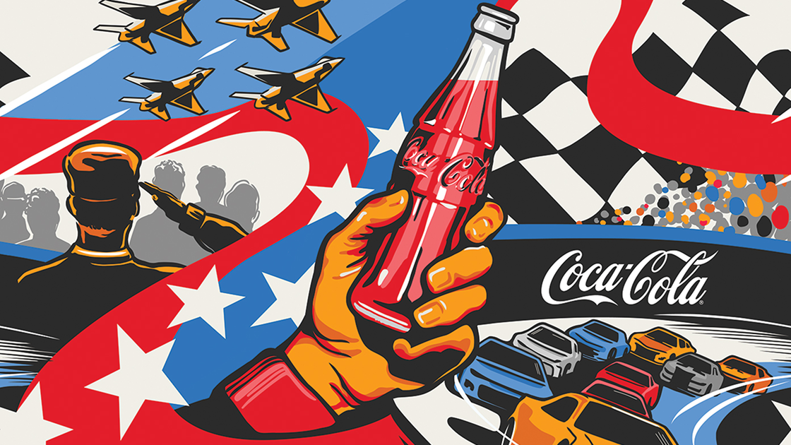 Video thumbnail of Amber Thompson's vibrant racing art featuring jets, cars, and a hand holding a Coca‑Cola.