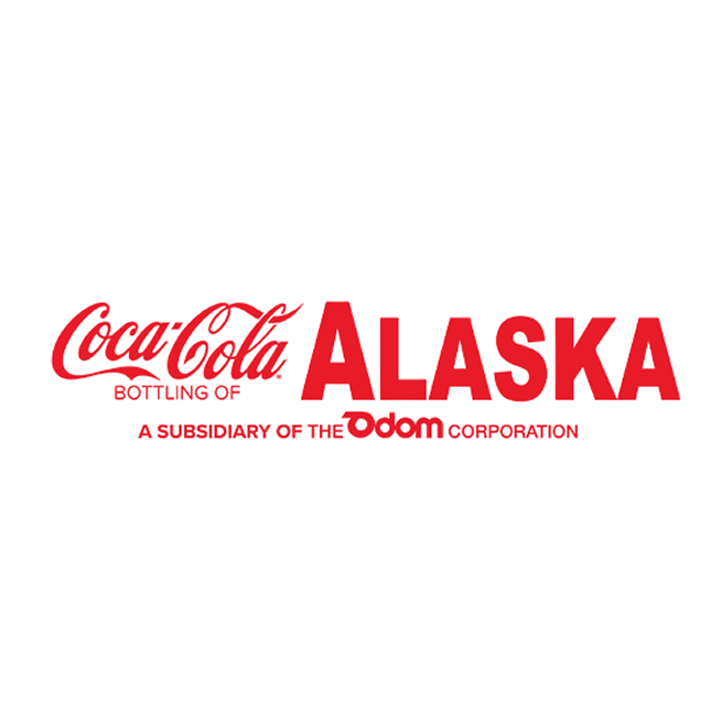 Red logo for Coca‑Cola Bottling of Alaska, a subsidiary of the Odom Corporation.