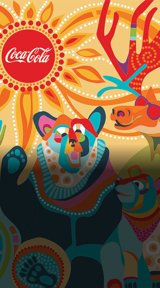 Colorful illustration of bears and a moose for Coca-Cola's Paint the Nation campaign in Anchorage, with a Coke logo sun.