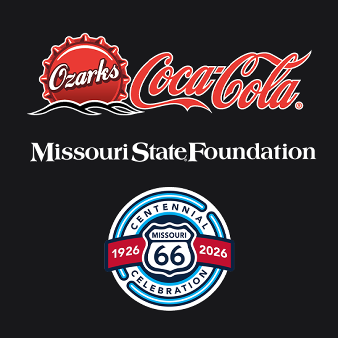 Partnership logos for the Route 66 Centennial: Ozarks Coca-Cola, Missouri State Foundation, and the official celebration emblem.