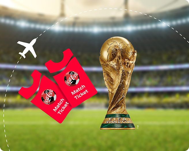 The FIFA World Cup trophy and two Coca-Cola match tickets are shown in front of a soccer stadium.