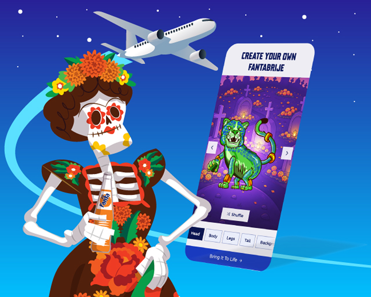 The same skeleton figure holding a Fanta bottle stands beside a phone screen displaying the "Create Your Own Fantabrije" app feature, which shows a green jaguar-like creature with customization options for Head, Body, Legs, Tail, and Background, plus a "Bring It To Life" button. An airplane flies above against a starry blue sky background.